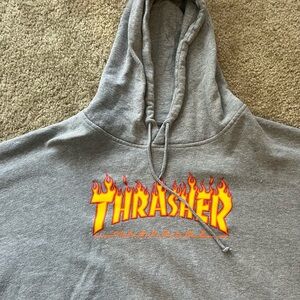 Thrasher Gray Hoodie with Red and Yellow Flame Design